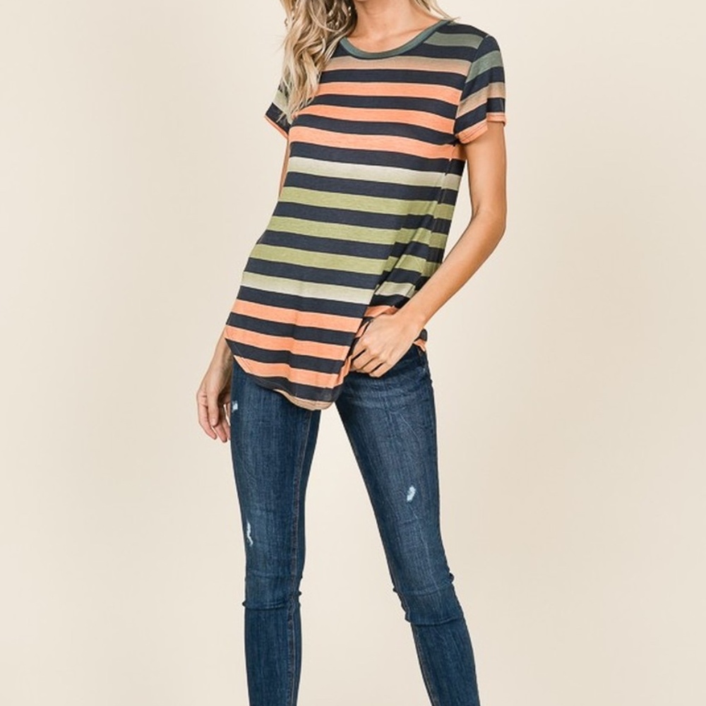 STRIPED SHORT SLEEVE CASUAL TOP WITH ROUND HEM